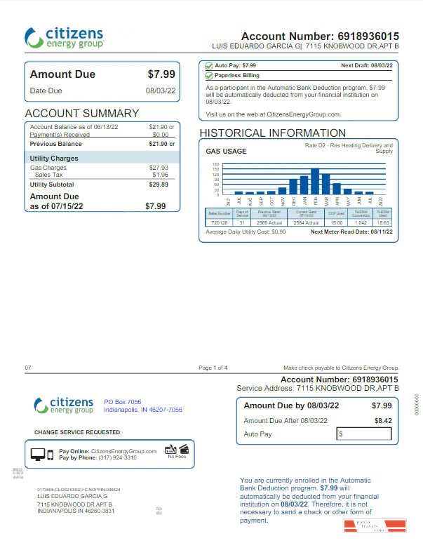 USA INDIANAPOLIS CITIZENS ENERGY GROUP utility bill Word and PDF template